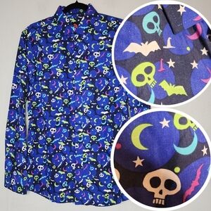 Simon Banks Skull Bats Blue Long Sleeve Button Down Shirt Mens Size Medium